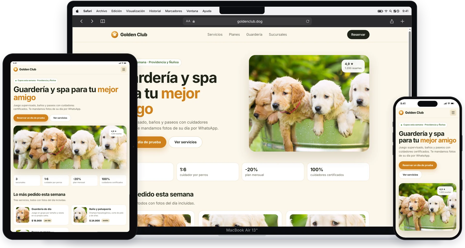 Un sitio web visto a la vez en MacBook, iPad y iPhone con MoviView
