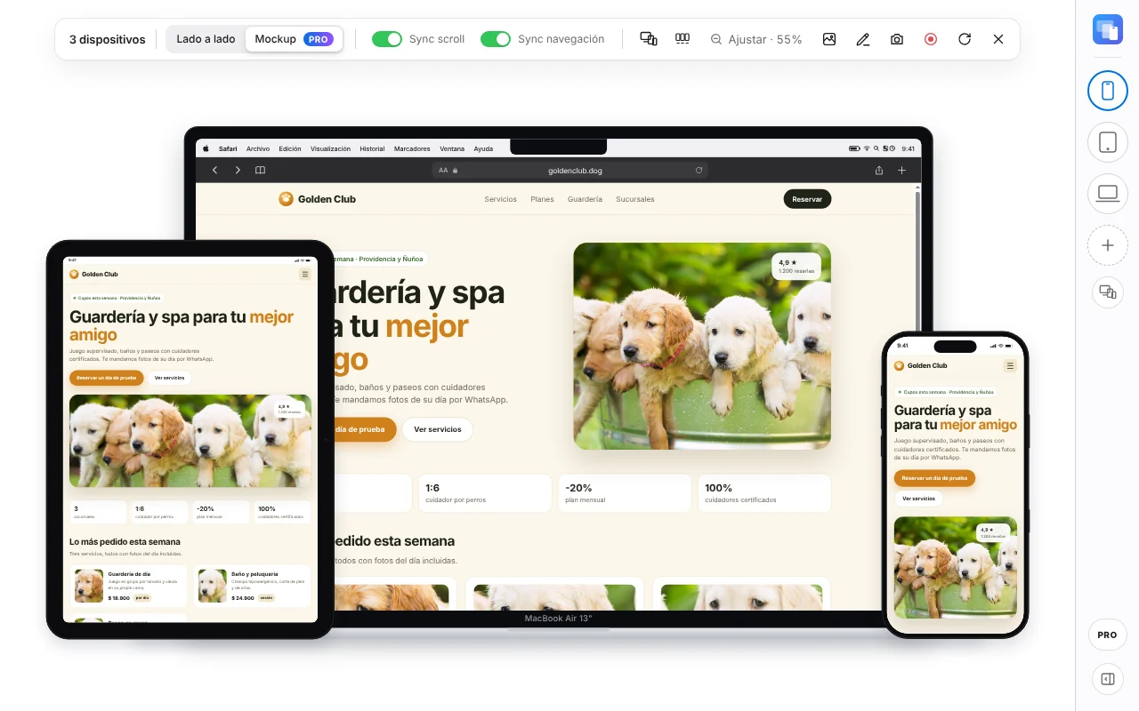 Modo Mockup: MacBook, iPad y iPhone superpuestos